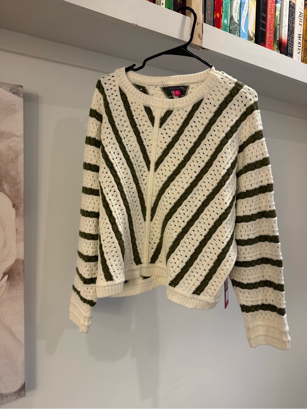 Vince Camuto Cream & Olive Open-Knit Striped Crew Sweater